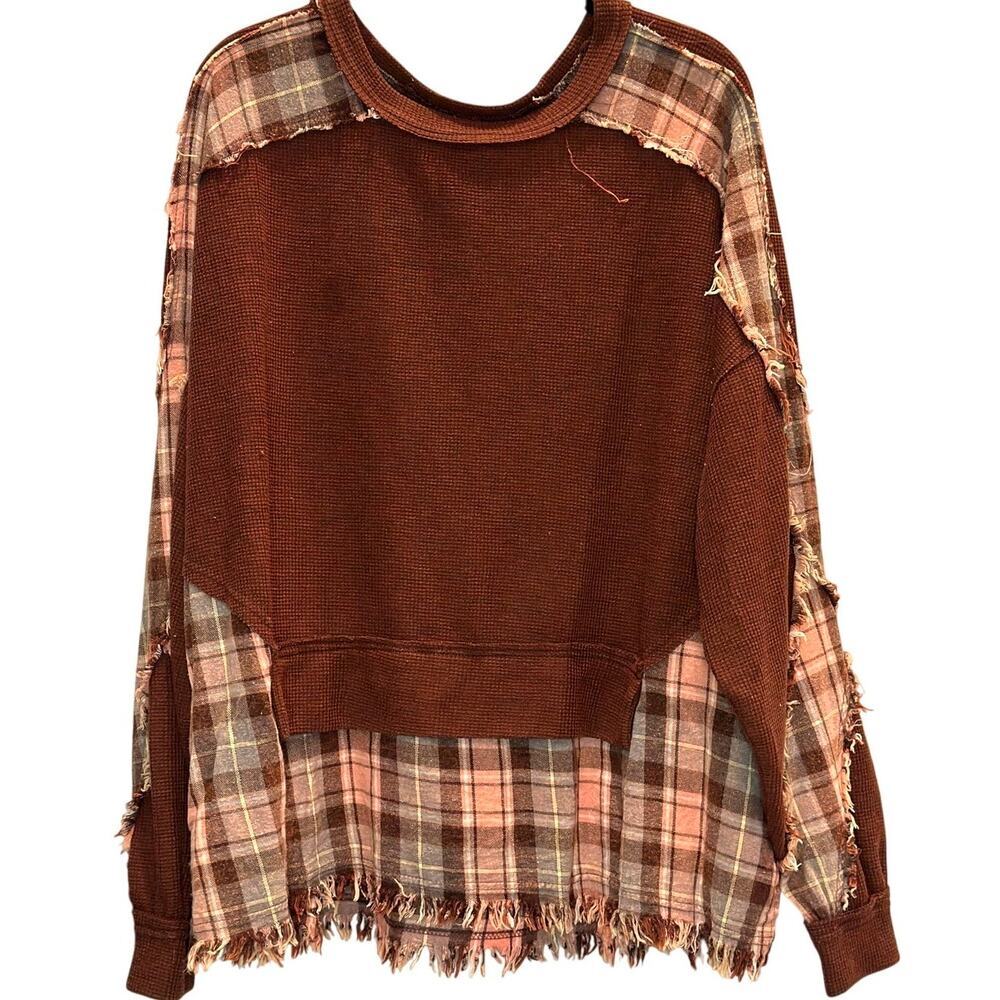 Oli & Hali – Waffle Knit Plaid Contrast Pullover – Mocha/Pink Plaid – Size Small